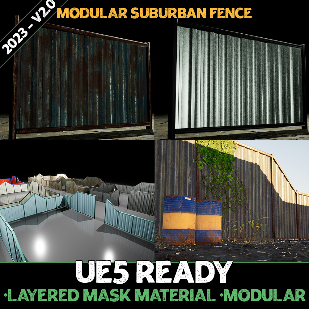 Modular Suburban Metal Fence - Game development asset